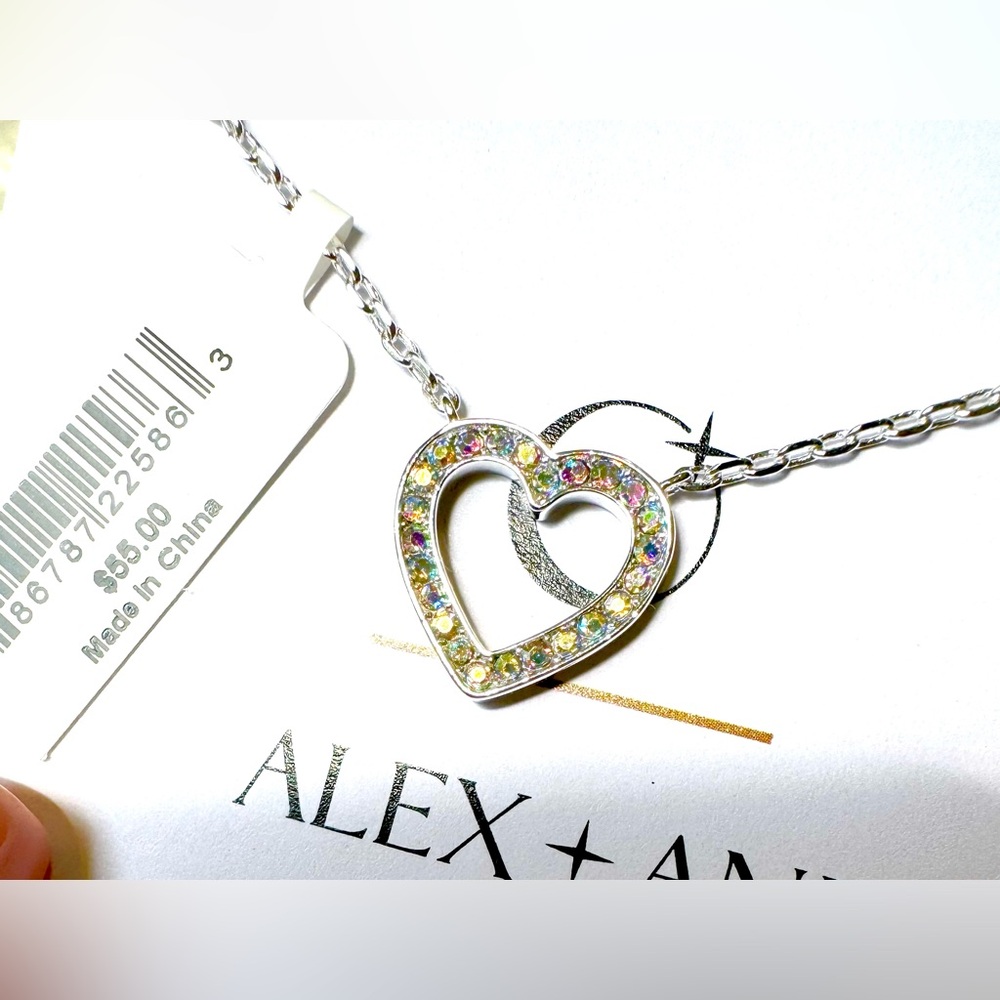 Alex And Ani Heart & Crystal Adjustable Necklace Shiny Silver, NWT W/Pouch & Box